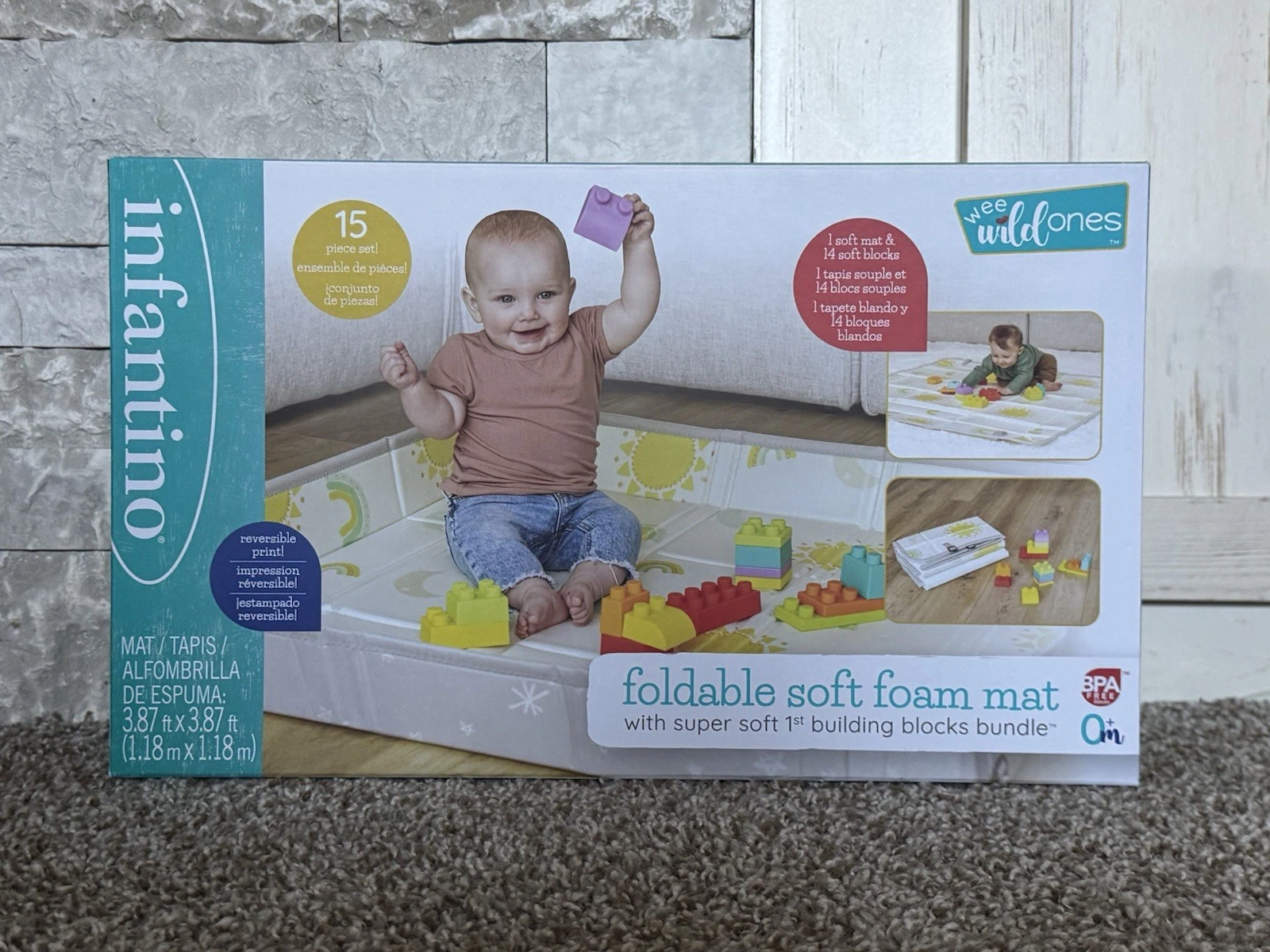 NEW Infantino 45" Foldable Foam Playmat and 14-Piece Soft Building Blocks 6-12 M