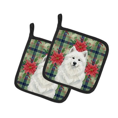 Caroline's Treasures White Samoyed Christmas Poinsettas Pair of Potholders