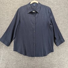 Chaps Linen Top Womens XL Navy Blue Button Up 3/4 Sleeve Casual Beachy Office