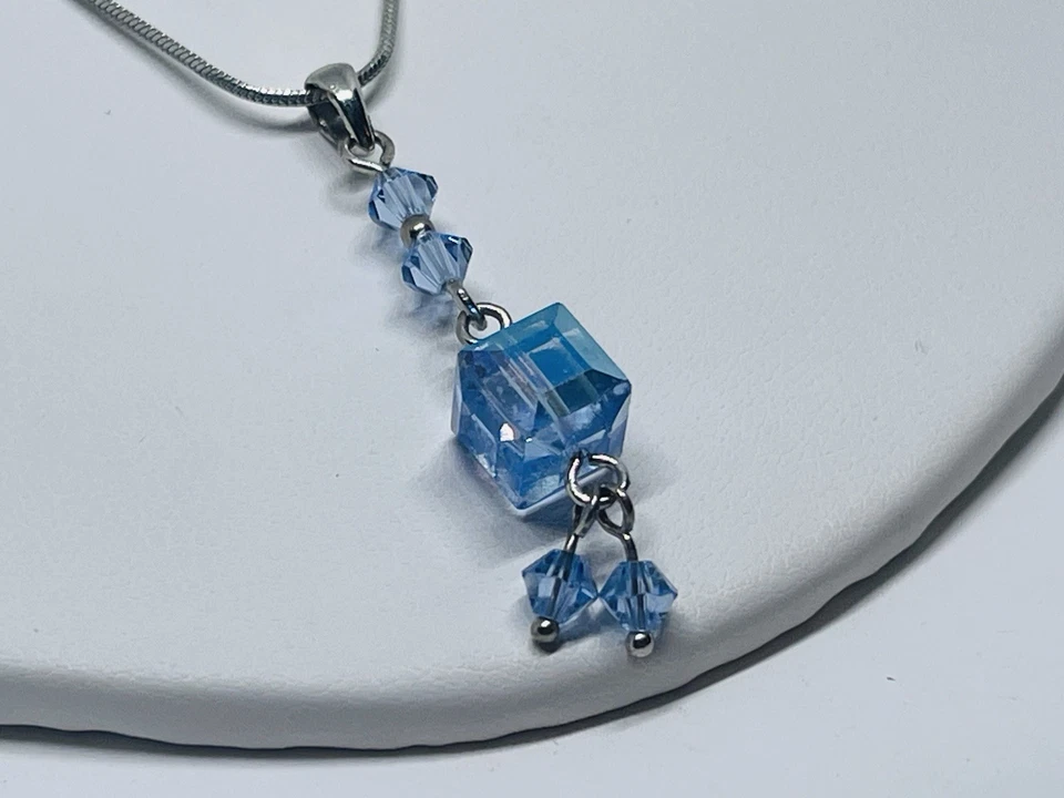 Blue Swarovski Crystal Cube Pendant Rhodium Plated Sterling Silver Necklace 16” - Image 4 of 4