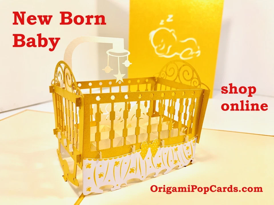 Tarjetas Pop Origami Cuna Metálica en Dorado Bebé Recién Nacido 3D Tarjeta Pop Up Foto 3 de 4