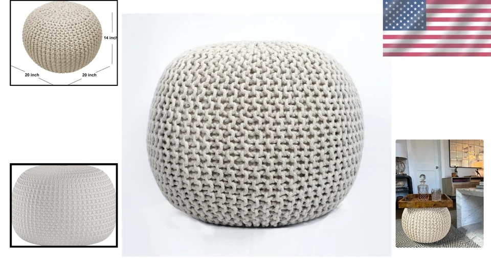 Puf de algodón tejido a mano - Taburete de pie para sala de estar Foto 2 de 4