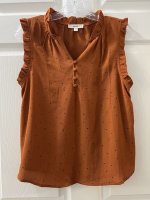 MINE Women s Sleeveless Top Blouse Size Small Rust with Black Dots