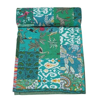 Marubhumi Indian Traditional Pure Cotton Patchwork Quilt, Paisley Print Kanth...