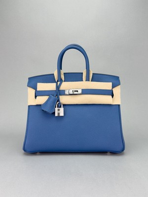 Hermes Birkin 25 Retourne Togo Blue Tie Palladium Hardware K Stamp Full