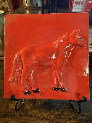 Handmade Glazed Art Tile by Artist Dan Moyer, Ceramic Art Tile The Red Pony
