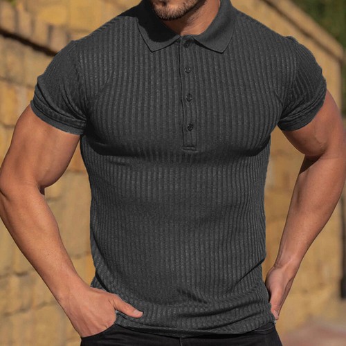 Men's sports and leisure elastic vertical stripe short sleeved polo shirt for me - Picture 28 of 33