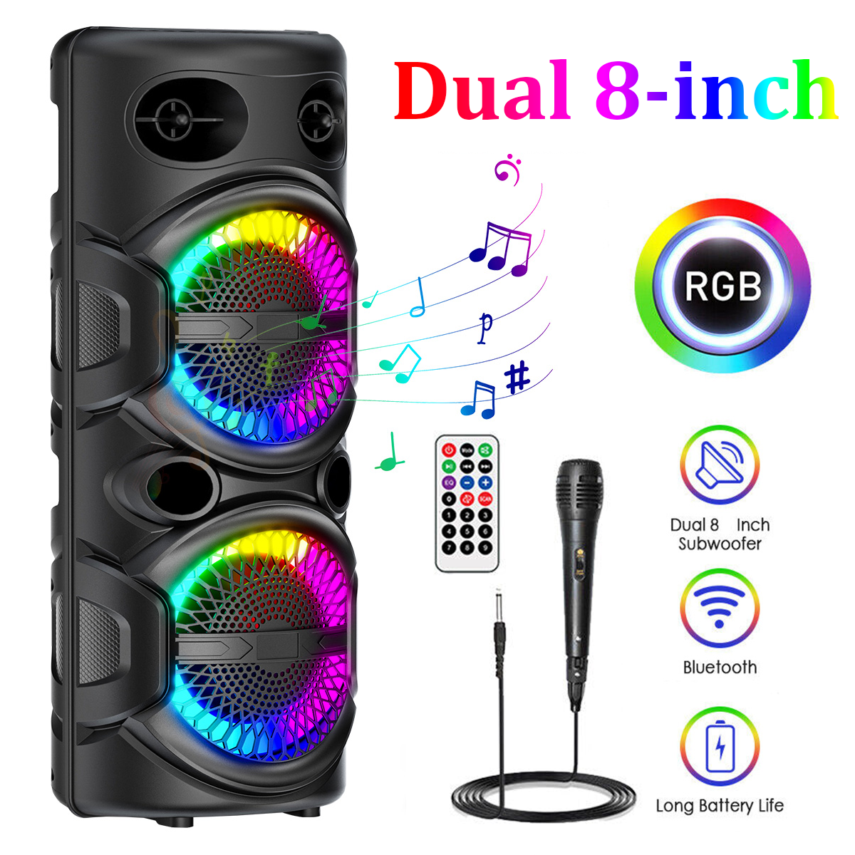 Dual 8-inch Portable Bluetooth Speaker with Subwoofer Karaoke Mic Remote LED Lights TWS