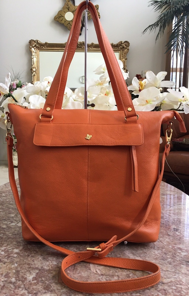 Ora Delphine Orange Pebble Leather Large Eden Tote Cross-body Bag