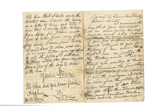 12/30/61 4 Page Letter in Ink Sgt Thomas Hatton 82nd Pa. KIA Malvern Hill