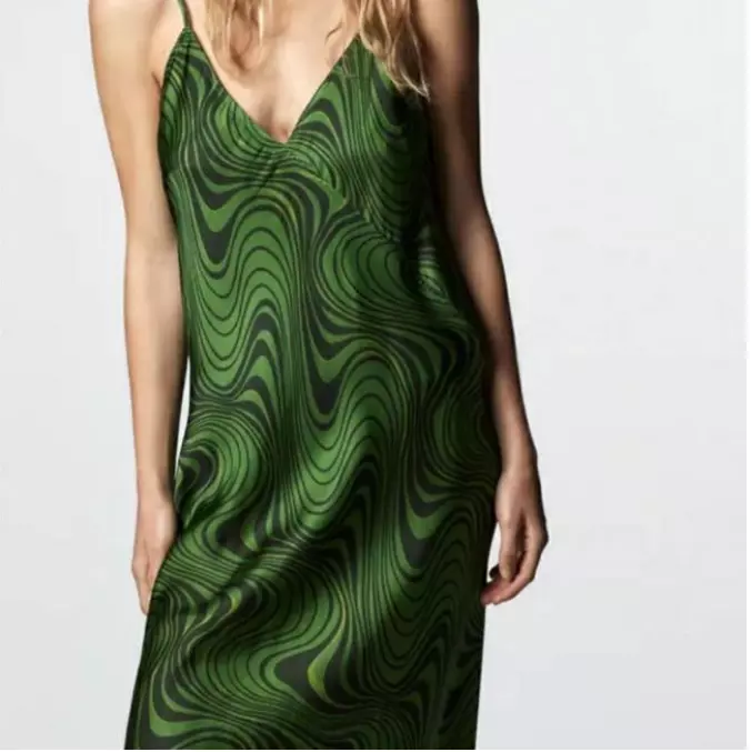 Zara Womens Green Slip On Midi Dress V-Neck Strappy Psychedelic Swirl Size  Med | eBay