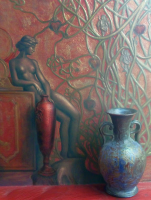 Art Nouveau Nude Statue with Red Vase and Gold Vines Poster 18x24in