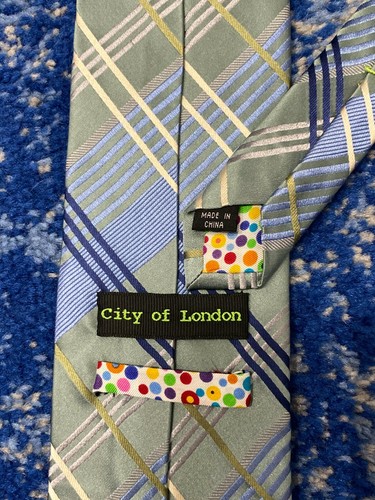 City of London Green Blue Silver Gray Cream Bias Plaid 100% Silk Necktie - Imagen 4 de 6