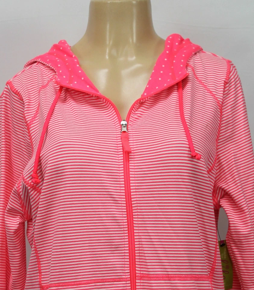Suéter para mujer Made For Life con capucha cremallera completa a rayas manga larga coral talla PL Foto 2 de 4