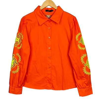 B&C Glamour Boutique Orange Embroidered Blouse Women M/L Cotton Button Front NWT