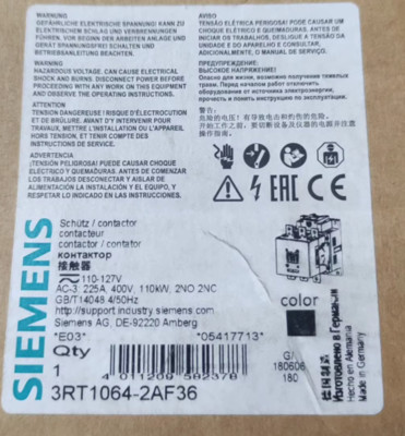NEW Siemens 3RT1064-2AF36 Contactor 110kW/400V/AC-3 2NO 2NC 3-Poles, NiB