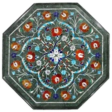 Green Marble Coffee Table Top Multicolor Gemstone Inlay Work End Table for Hotel