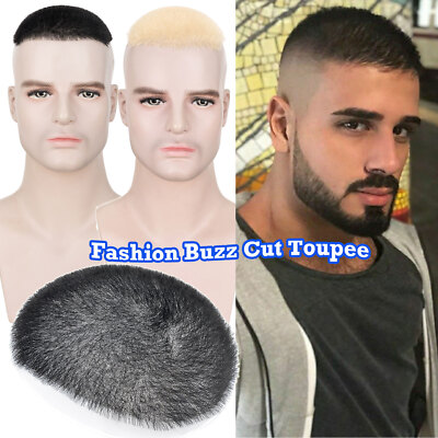 Mens Toupee Hairpiece PU Human Hair System Replacement Buzz Cut Short Top Wig US