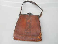 Antique Turnloc Leather Change Purse Bag W/ Art Work On Rim Fair Condition Brown