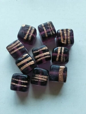 10 fancy Indian lampwork glass beads cube square 12mm purple and gold (b1760) - image 1 of 2