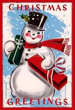 Primitive Frosty the Snowman Christmas Holiday Vintage Print 8x10