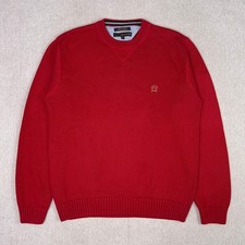 Vintage 90s Tommy Hilfiger Chunky Knit Crew Neck Sweater Mens L Red Embroidered