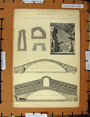 Original alter antiker Druck um 1800-1870 Brücke Pyramide Memphis Venedig 19.
