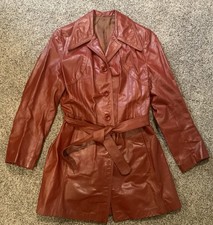 Vintage Long Leather Coat Red Garfin Made In USA Boston Mass With Belt Small