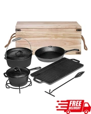 7 Pc Cast Iron Camping Cookware Set Dutch Oven Skillet Grill Pots
