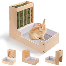 Large 2-in-1 Rabbit Hay Feeder & Litter Box Set, Wood, Mess Proof, for Guinea...