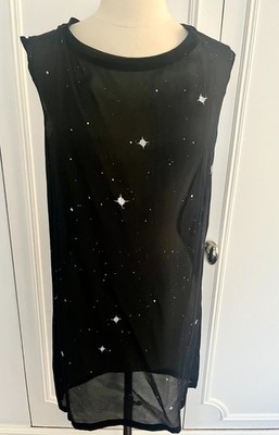 ANN DEMEULEMEESTER Black Sheer Silk Tank Top W/Stars & Crystals Sz