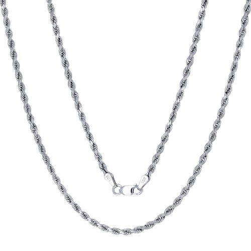 10K Oro Bianco 2.5mm Taglio Diamante Corda Catena Collana Uomo Donna