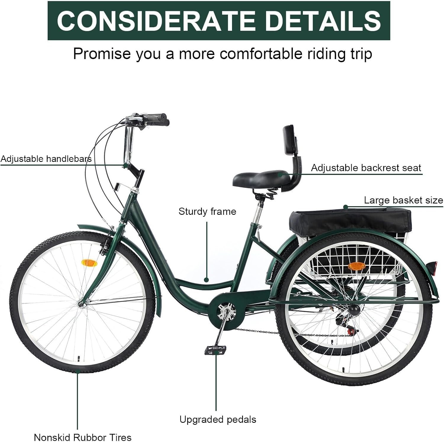 26" Adult Tricycles Bike 3 Wheel Trike Bicycle 7 Speed Carbon Steel Green