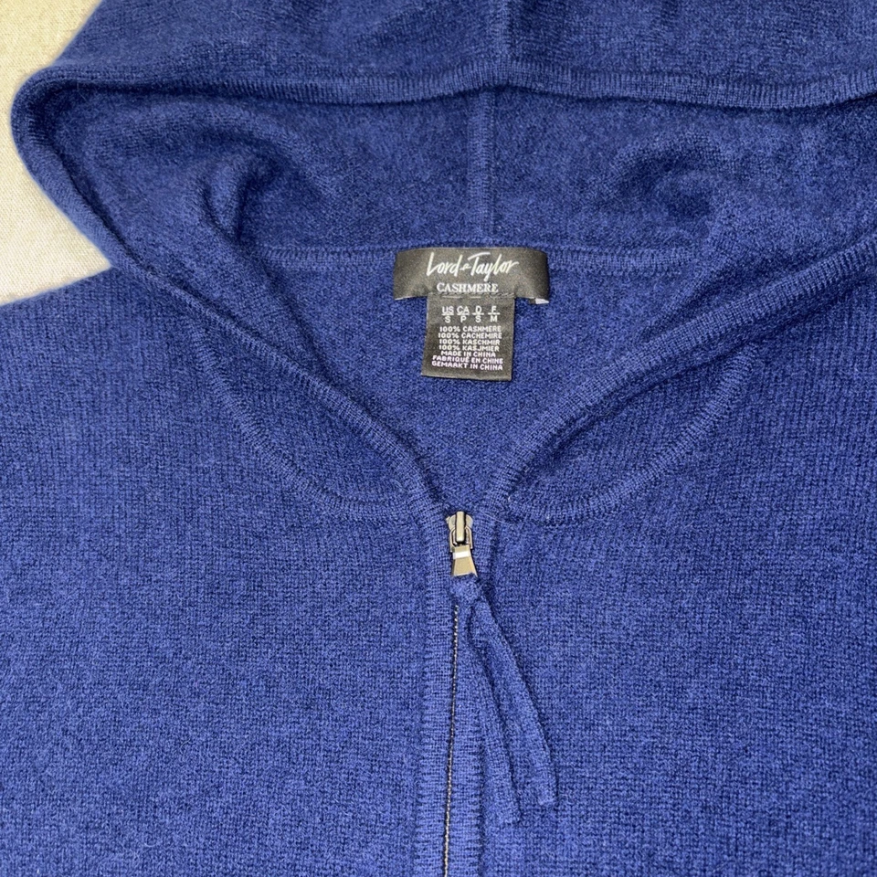 LORD & TAYLOR Small Women’s Dark Blue 100% Cashmere Two-way zip Hoodie EUC - Image 4 of 4