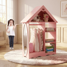 Kids Wardrobe Pink Wooden Dresser Armoire w/ Mirror Hanging Rod Storage Cabinet