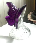 Vintage FENTON butterfly on branch art glass clear base purple butterfly LOVELY