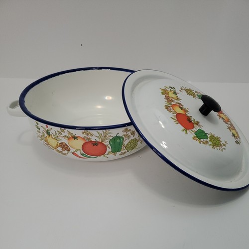 Vintage Enamel Small Pot with Lid Vegetable Theme LIU GUAN Crown Brand Used - Picture 2 of 10