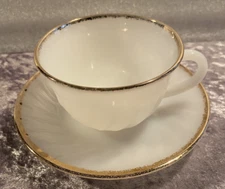 Fire King Oven Ware Milk Glass White Gold Trim Cup & Saucer Set 