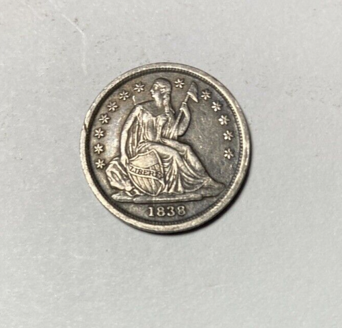 Moneda de diez centavos libertad sentada 1838 sin cortinas original XF Major Die Break - Imagen 3 de 4