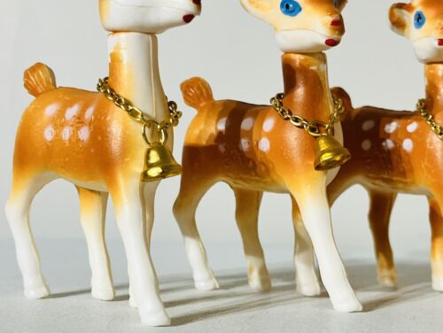 Vintage Plastic Christmas Reindeer x 8 with Gold Bell Moveable Head Rare Set - Picture 12 of 12
