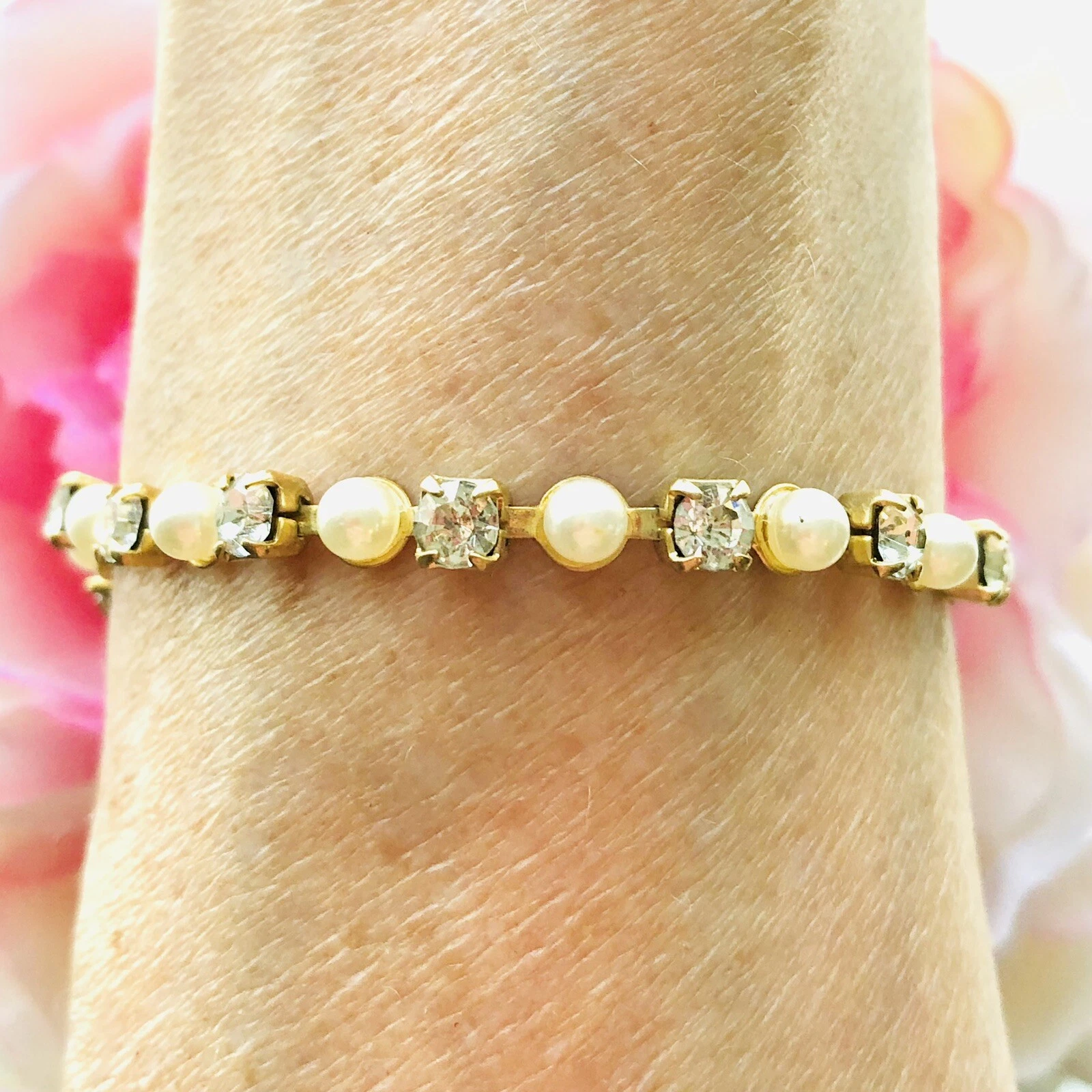 VALENTINO "Bracciale Vintage Strass Perla Finta Delicato Minimalista Gioielli Semplici 7""