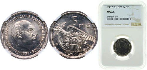 Spain 1957 73 5 Pesetas Coppernickel NGC MS 66