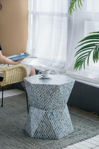 Blue Capiz Contemporary Hexagon Tapered Pedestal Stool Geometric Side Table - Picture 3 of 9