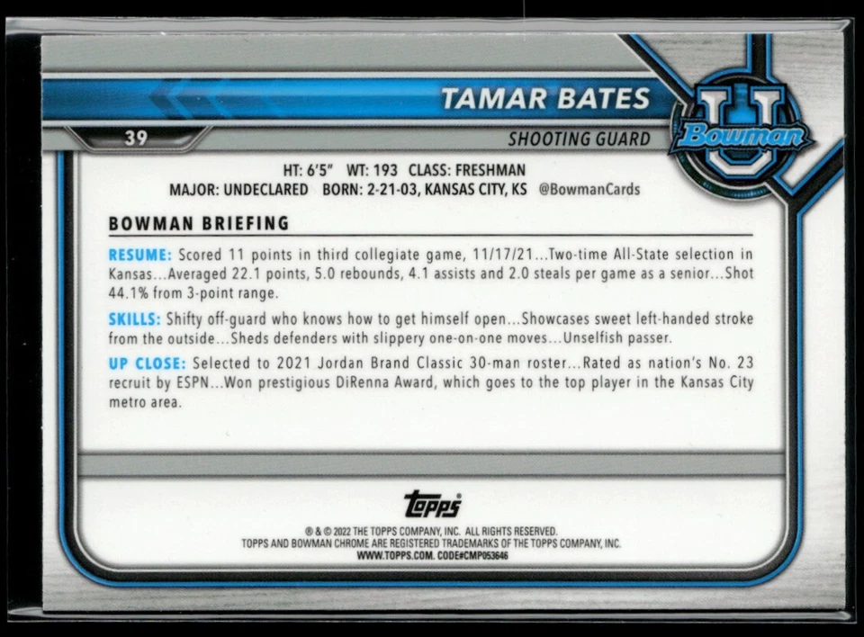 2021-22 Bowman Chrome University Shimmer Refractor #39 Tamar Bates *1st Bowman* - Image 2 of 2