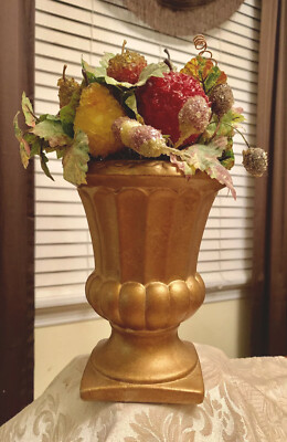 Beautiful Vintage Gold Urn Faux Sugared Fruit Frosted Beaded Grapes Pears Plums