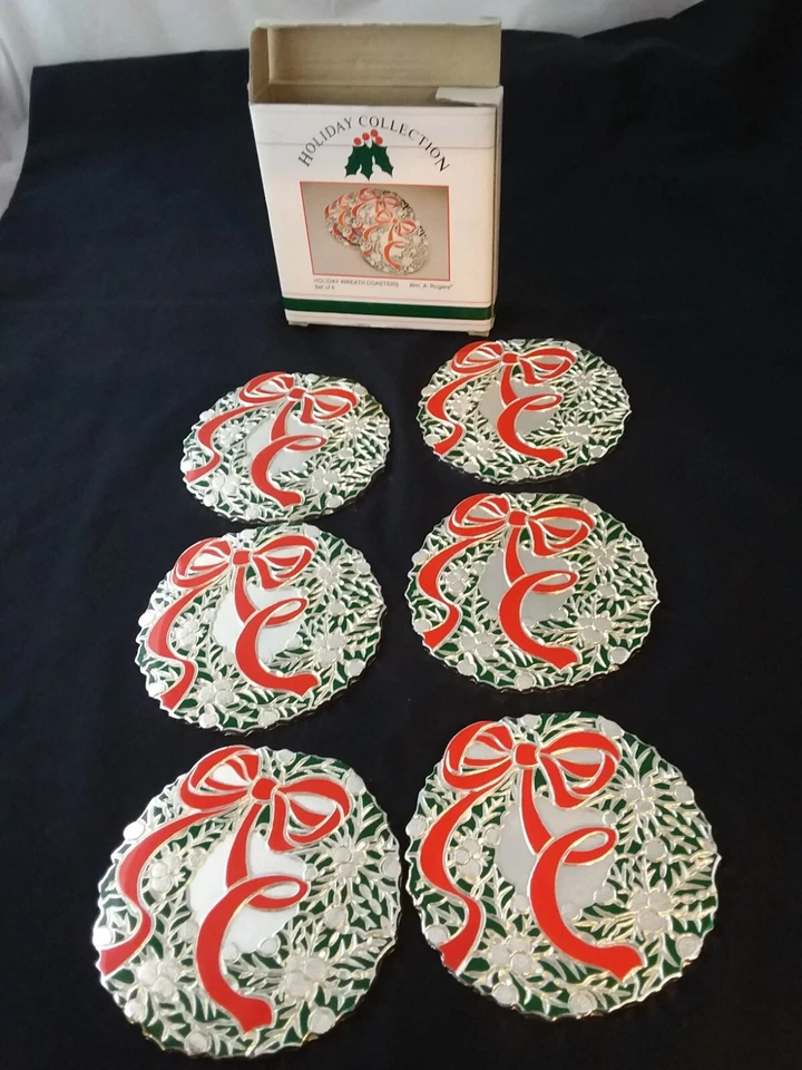 Holiday Poinsettia Coasters Wm A Rogers Oneida Set 6 Vintage Tarnish Resistant - Image 2 of 4