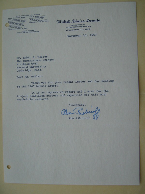 SIGNED letter CONNECTICUT Senator ABE RIBICOFF genuine VINTAGE 1967