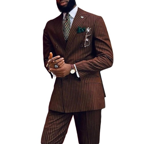Mens Striped Suits 2Pcs Wide Peak Lapel Business Formal Wedding Tuxedos Customed - Picture 4 of 7