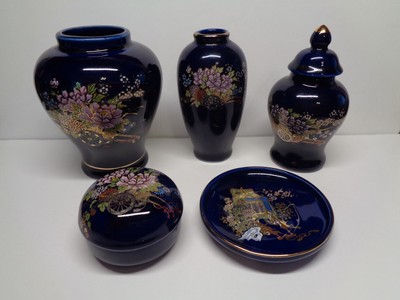 Five Cobalt Blue Japanese Floral Pieces - Some Kutani - Details in Description.