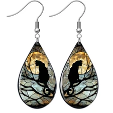 Full Moon Black Cat Teardrop Earrings Dangle Sterling Silver Cat Lover Gift